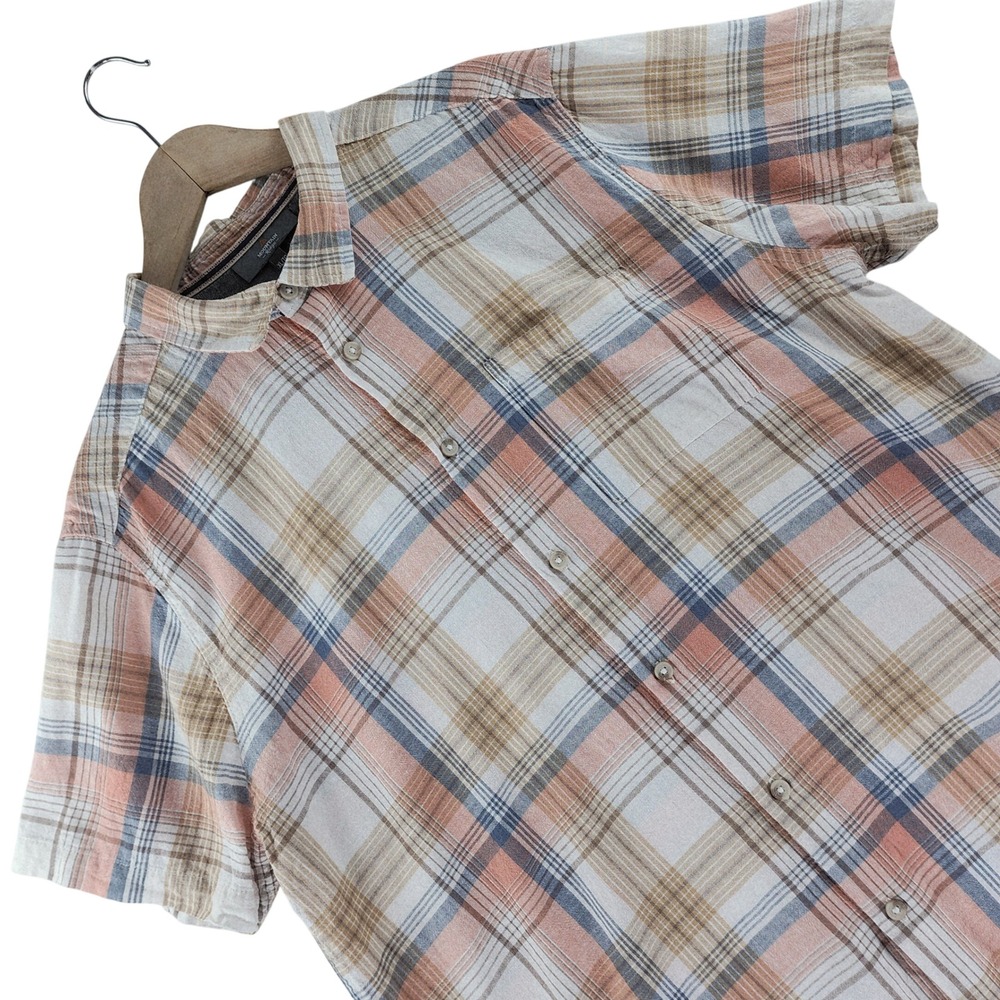 Mountain Ridge Shirt Mens XL Orange Blue Plaid Linen Cotton Short Sleeve Casual